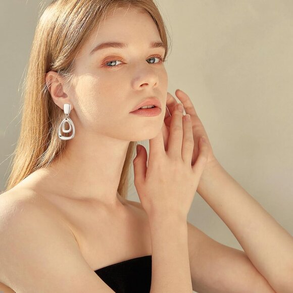 Silver Clip On Drop B Clip Earrings Women Non Piercing Dangle Fashion Jewelry - Picture 3 of 6